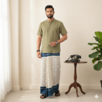 Beige Body with Teal Blue Border, Eco 100% Color Lock Cotton Lungi