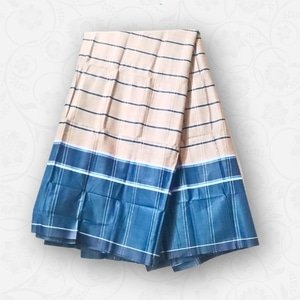 Premium Sirajgonj Handloom Lungi – beige body with blue border, eco color lock cotton, 5.5 haat stitched (52” × 98”), folded view.