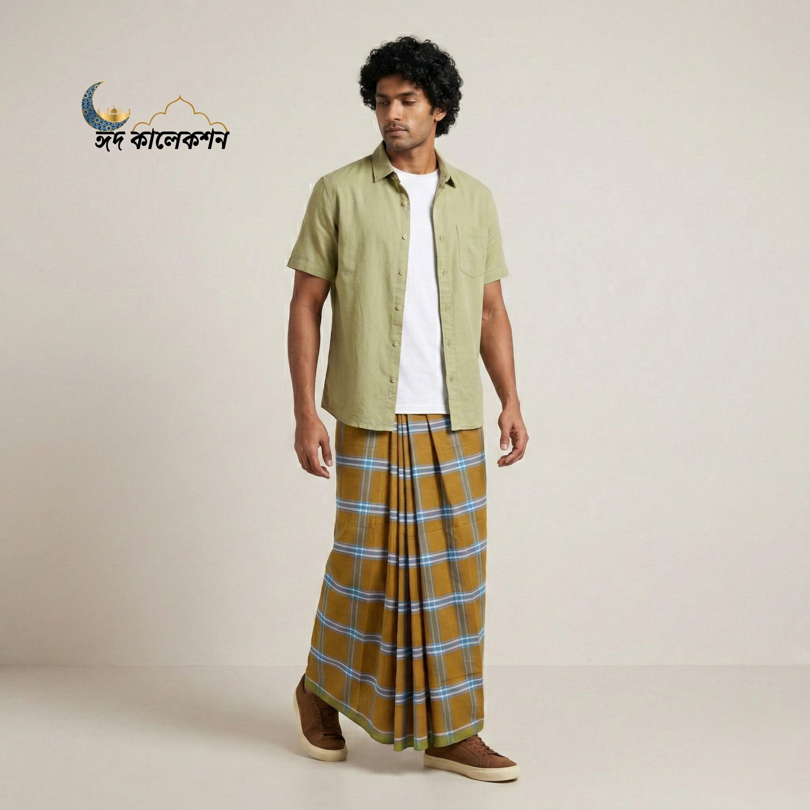 12 Mustard Yellow with Green Border Check Design, Eco 100% Color Lock Cotton Lungi - Image 1