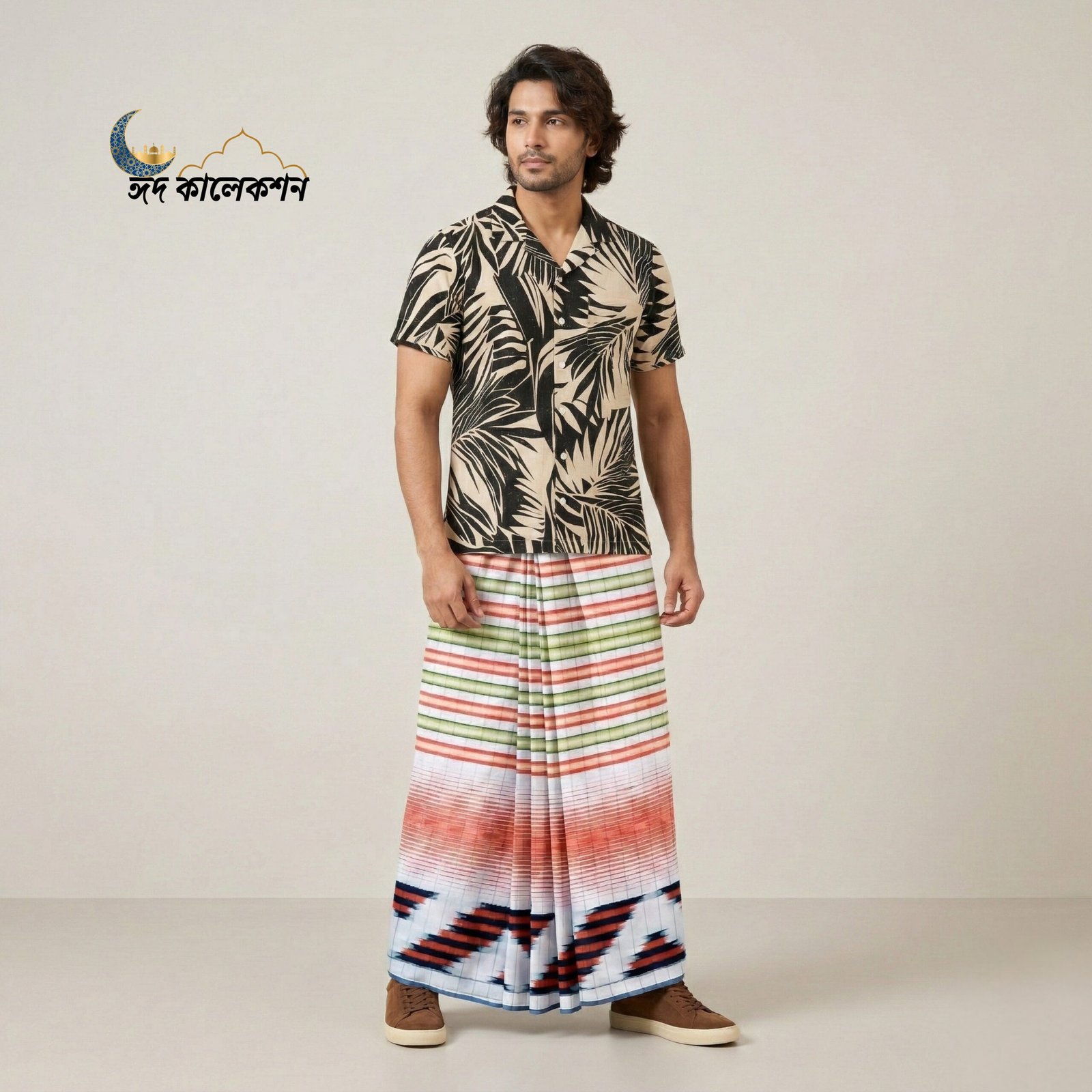 19 White with Multicolor Stripes, Red Gradient & Geometric Border, Double Cotton Lungi - Image 1