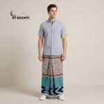 Sky Blue & White Pattern with Red Accent, Double Cotton Weave Lungi